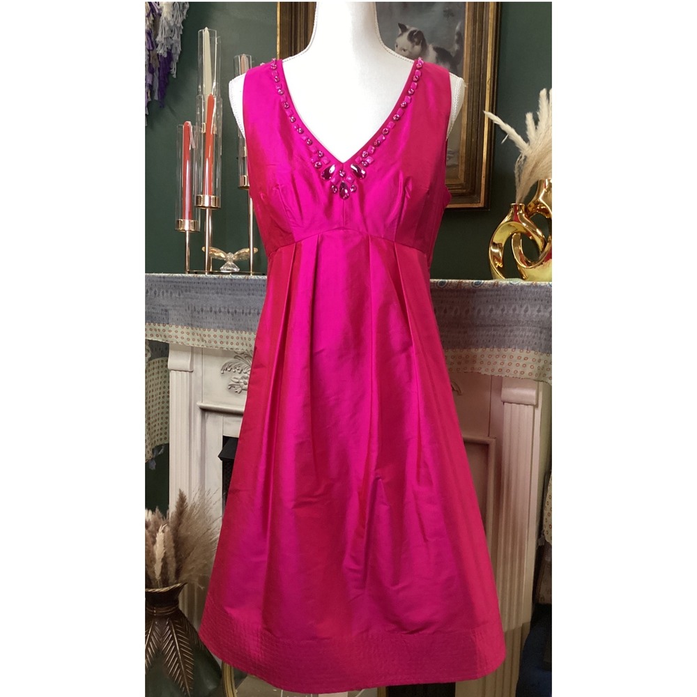 Eliza J New York Hot Pink 100% Silk Jeweled V-Neck Sleeveless Dress L w/POCKETS